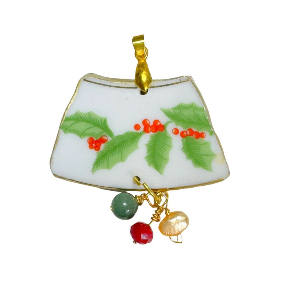 Holly Broken China Artisan Pendant w/ Pearls & Coral Berries & Bows Collection - Picture 3 of 17